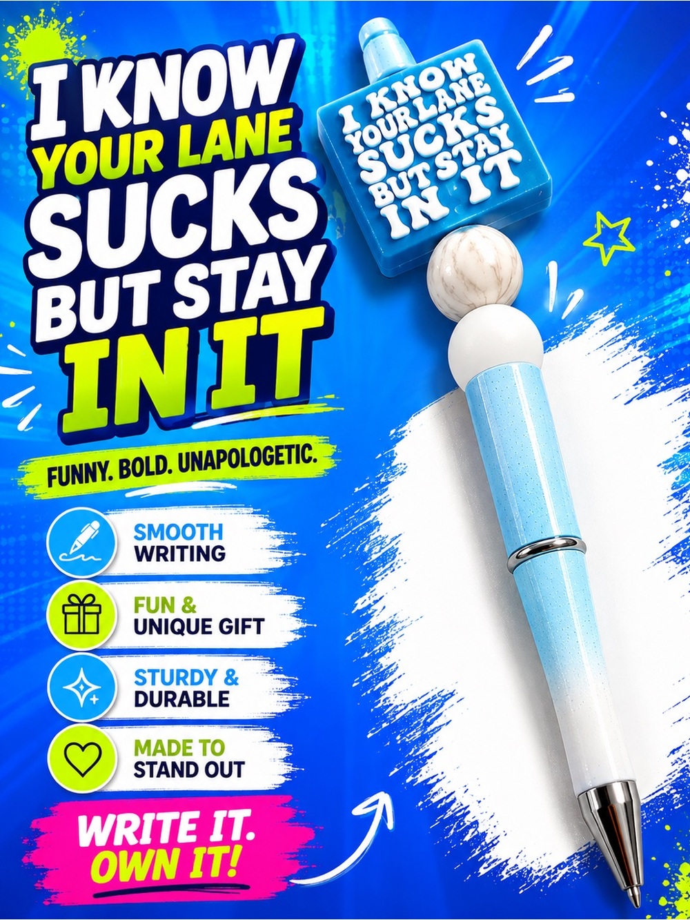 Funny Hand Crafted Light Blue & White Novelty Statement Pen - Bold Office Gift